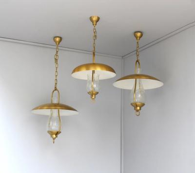 Jean Perzel 3 Fine French Bronze and Craquel Glass Hanging Lanterns by Jean Perzel