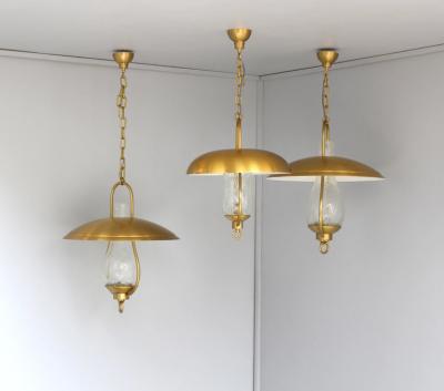 Jean Perzel 3 Fine French Bronze and Craquel Glass Hanging Lanterns by Jean Perzel