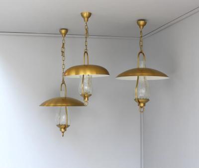 Jean Perzel 3 Fine French Bronze and Craquel Glass Hanging Lanterns by Jean Perzel