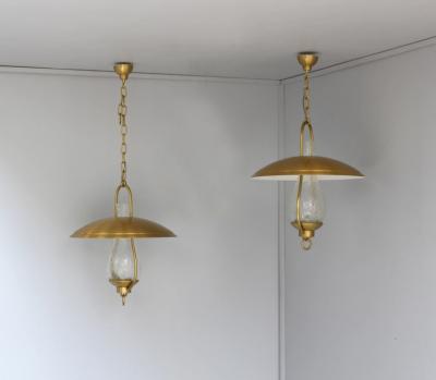 Jean Perzel 3 Fine French Bronze and Craquel Glass Hanging Lanterns by Jean Perzel