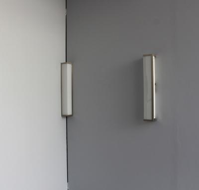 Jean Perzel 6 Fine French Art Deco Brushed Nickel and Glass Angle Sconces by Perzel