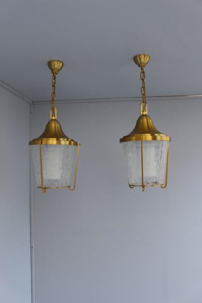 Jean Perzel A Pair of Hanging Bronze and craquel glass Lanterns by Jean Perzel