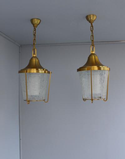 Jean Perzel A Pair of Hanging Bronze and craquel glass Lanterns by Jean Perzel