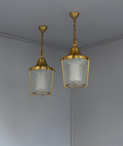 Jean Perzel A Pair of Hanging Bronze and craquel glass Lanterns by Jean Perzel