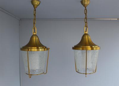 Jean Perzel A Pair of Hanging Bronze and craquel glass Lanterns by Jean Perzel