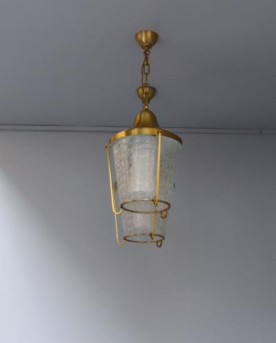 Jean Perzel A Pair of Hanging Bronze and craquel glass Lanterns by Jean Perzel