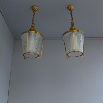 Jean Perzel A Pair of Hanging Bronze and craquel glass Lanterns by Jean Perzel