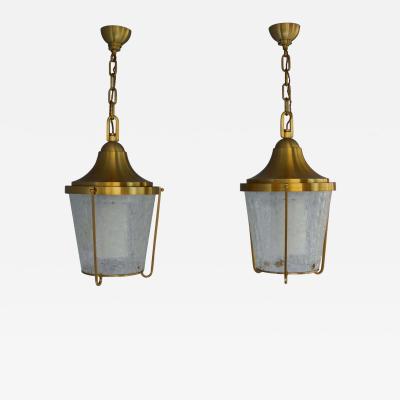 Jean Perzel A Pair of Hanging Bronze and craquel glass Lanterns by Jean Perzel