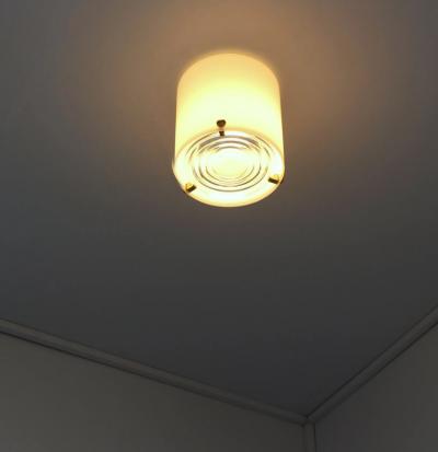 Jean Perzel Fine French 1950s Glass and Brass Cylindrical Flush Mount by Perzel