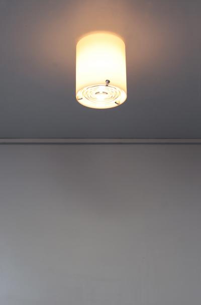 Jean Perzel Fine French 1950s Glass and Chrome Cylindrical Flush Mount by Perzel