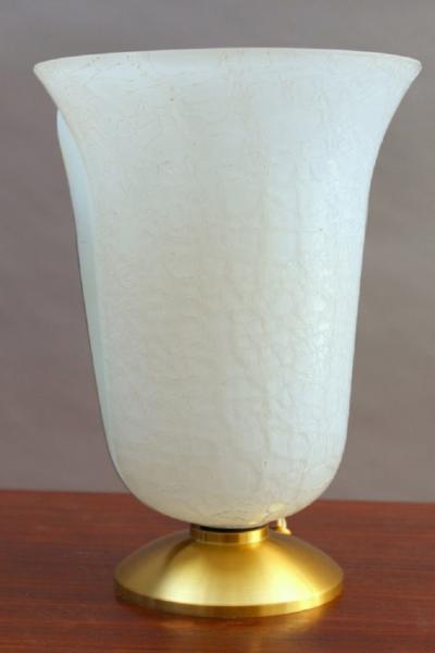 Jean Perzel Fine French 1950s Satin Brass and White Craquel Glass Table Lamp by Perzel