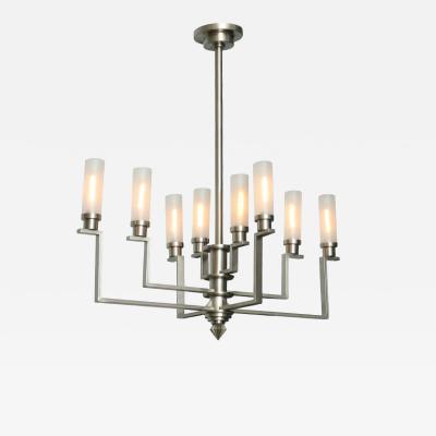 Jean Perzel Fine French Art Deco Hand Cut Steel and Glass Eight Arm Chandelier Jean Perzel