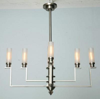 Jean Perzel Fine French Art Deco Hand Cut Steel and Glass Eight Arm Chandelier Jean Perzel