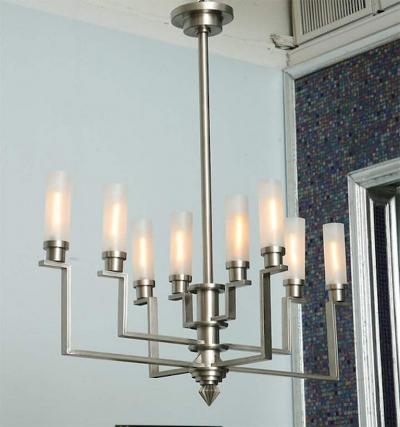 Jean Perzel Fine French Art Deco Hand Cut Steel and Glass Eight Arm Chandelier Jean Perzel