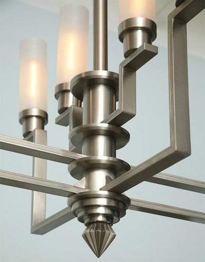 Jean Perzel Fine French Art Deco Hand Cut Steel and Glass Eight Arm Chandelier Jean Perzel