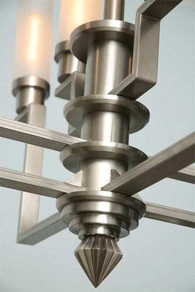 Jean Perzel Fine French Art Deco Hand Cut Steel and Glass Eight Arm Chandelier Jean Perzel