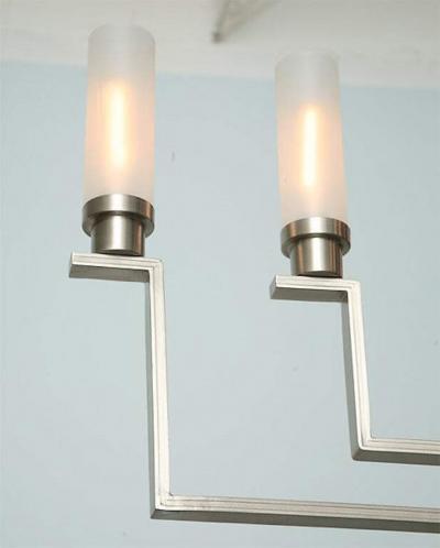 Jean Perzel Fine French Art Deco Hand Cut Steel and Glass Eight Arm Chandelier Jean Perzel