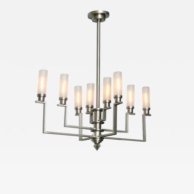 Jean Perzel Fine French Art Deco Hand Cut Steel and Glass Eight Arm Chandelier Jean Perzel
