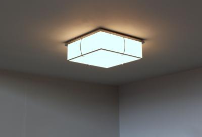 Jean Perzel Fine French Art Deco Square Enameled Glass and Chrome Flush Mount by Perzel