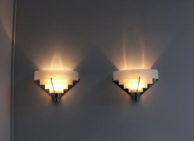 Jean Perzel Four Fine French Art Deco Chrome and Glass Sconces by Jean Perzel