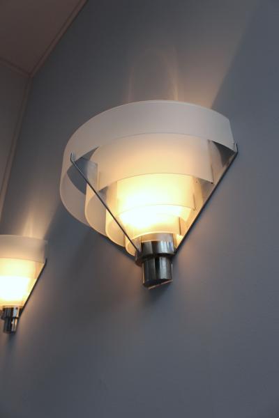 Jean Perzel Four Fine French Art Deco Chrome and Glass Sconces by Jean Perzel