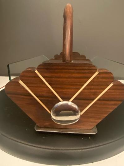 Jean Perzel MODERNIST FRENCH ART DECO EXOTIC WOOD GLASS AND CHROME BASKET