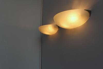 Jean Perzel PAIR OF FINE FRENCH ART DECO FLUTED GLASS AND NICKEL WALL LIGHTS BY PERZEL