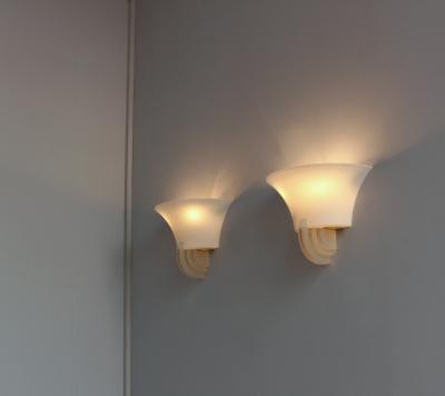 Jean Perzel PAIR OF FINE FRENCH ART DECO GLASS OPALINE AND BRONZE SCONCES BY JEAN PERZEL