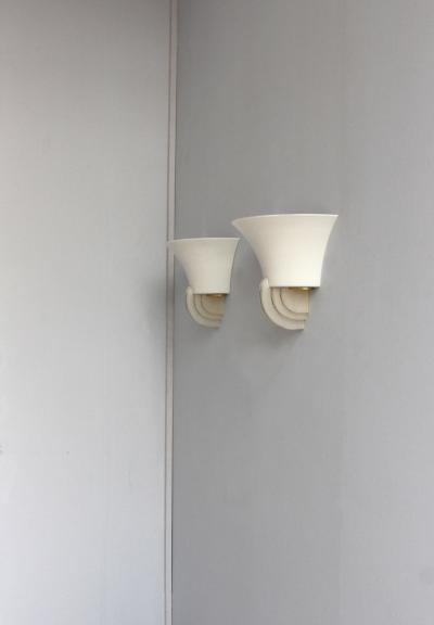 Jean Perzel PAIR OF FINE FRENCH ART DECO GLASS OPALINE AND BRONZE SCONCES BY JEAN PERZEL