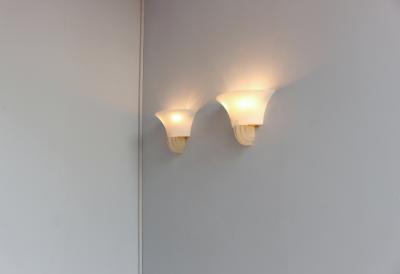 Jean Perzel PAIR OF FINE FRENCH ART DECO GLASS OPALINE AND BRONZE SCONCES BY JEAN PERZEL
