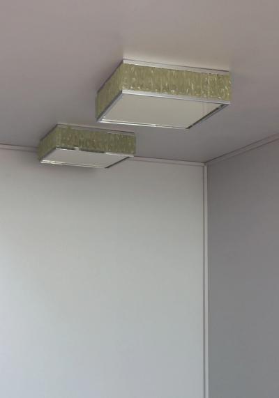 Jean Perzel Pair Fine French 1970s Square Glass and Chrome Flush Mounts by Jean Perzel