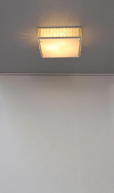 Jean Perzel Pair Fine French 1970s Square Glass and Chrome Flush Mounts by Jean Perzel