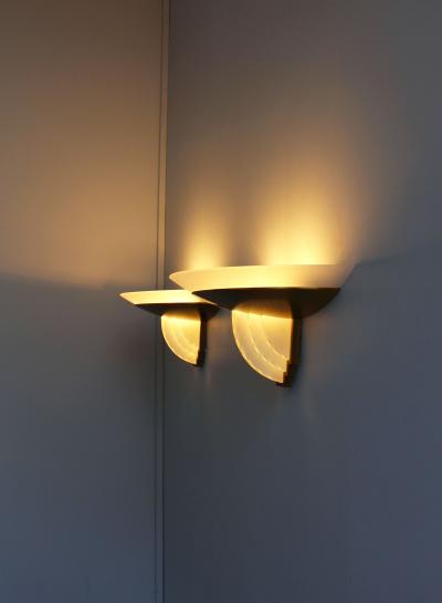 Jean Perzel Pair of Fine French Art Deco Bronze and Cut Glass Sconces by Perzel