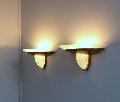 Jean Perzel Pair of Fine French Art Deco Bronze and Cut Glass Sconces by Perzel