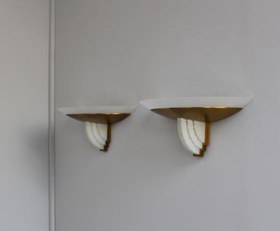 Jean Perzel Pair of Fine French Art Deco Bronze and Cut Glass Sconces by Perzel