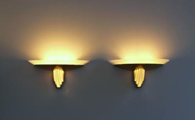 Jean Perzel Pair of Fine French Art Deco Bronze and Cut Glass Sconces by Perzel
