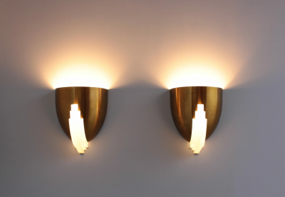 Jean Perzel Pair of Fine French Art Deco Bronze and Glass Sconces by Jean Perzel