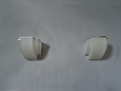 Jean Perzel Pair of Fine French Art Deco Frosted Glass and Chrome Sconces by Perzel