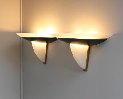 Jean Perzel Pair of Fine French Art Deco Glass and Green Patinated Bronze Sconces by Perzel