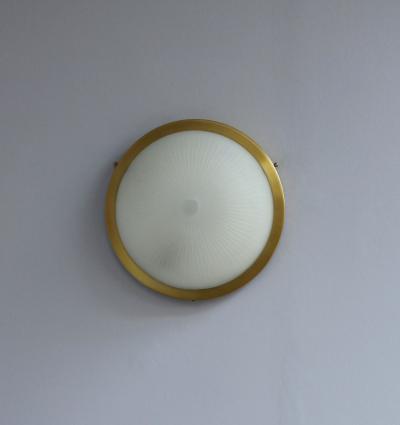 Jean Perzel Pair of Fine French Art Deco Round Glass and Brass Flush Mount by Perzel