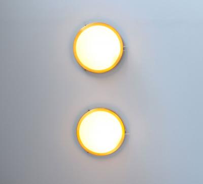 Jean Perzel Pair of Fine French Art Deco Round Glass and Brass Flush Mount by Perzel