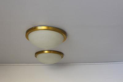 Jean Perzel Pair of Fine French Art Deco Round Glass and Brass Flush Mount by Perzel