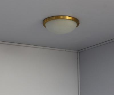 Jean Perzel Pair of Fine French Art Deco Round Glass and Brass Flush Mount by Perzel