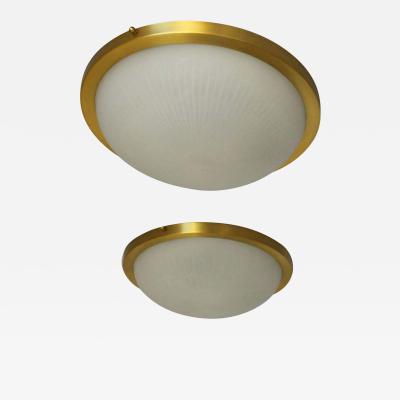 Jean Perzel Pair of Fine French Art Deco Round Glass and Brass Flush Mount by Perzel