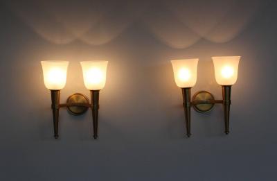 Jean Perzel Pair of French Art Deco Double Torchere Sconces by Perzel