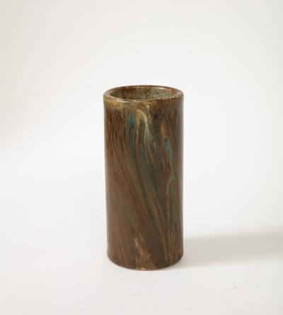 Jean Pointu Unique Cylindrical Brown and Green Ceramic Vase by Jean Pointu