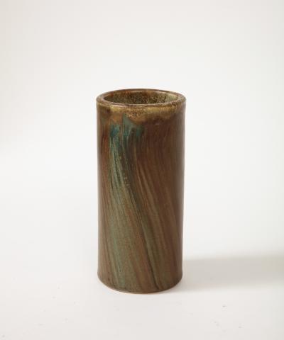 Jean Pointu Unique Cylindrical Brown and Green Ceramic Vase by Jean Pointu