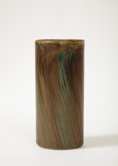 Jean Pointu Unique Cylindrical Brown and Green Ceramic Vase by Jean Pointu