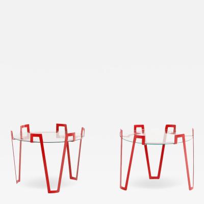 Jean Roy re Eye catching red iron glass end tables in manner of Royere Contemporary 