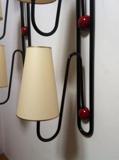 Jean Roy re Jean Roy re Documented Pair of Three Light Red and Black Sconces Model Boule 